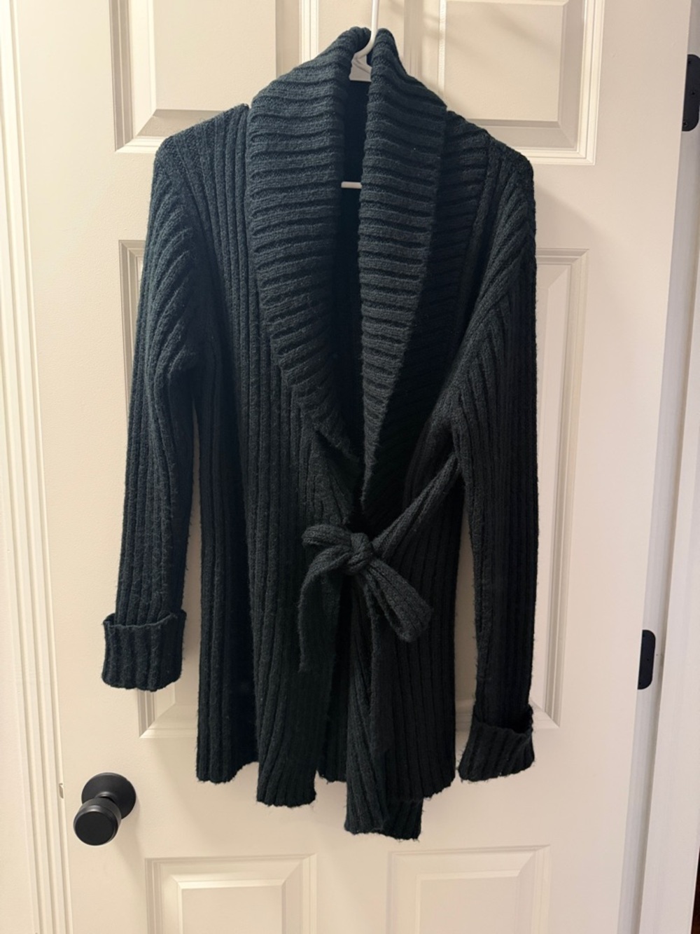 Heartloom Black Ribbed Shawl-Collar Tie Cardigan